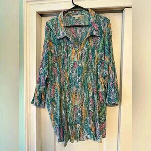 Woman Within 4X 34/36 Gauzy Top Beach Tropical Button Up 3/4 Roll Tab Sleeve EUC